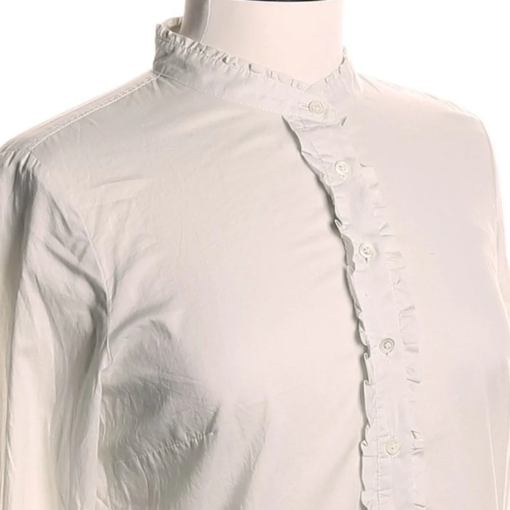 Y2K J.Crew Ruffle Trim Stand Up Collar Long Sleeve Pullover Blouse White Small